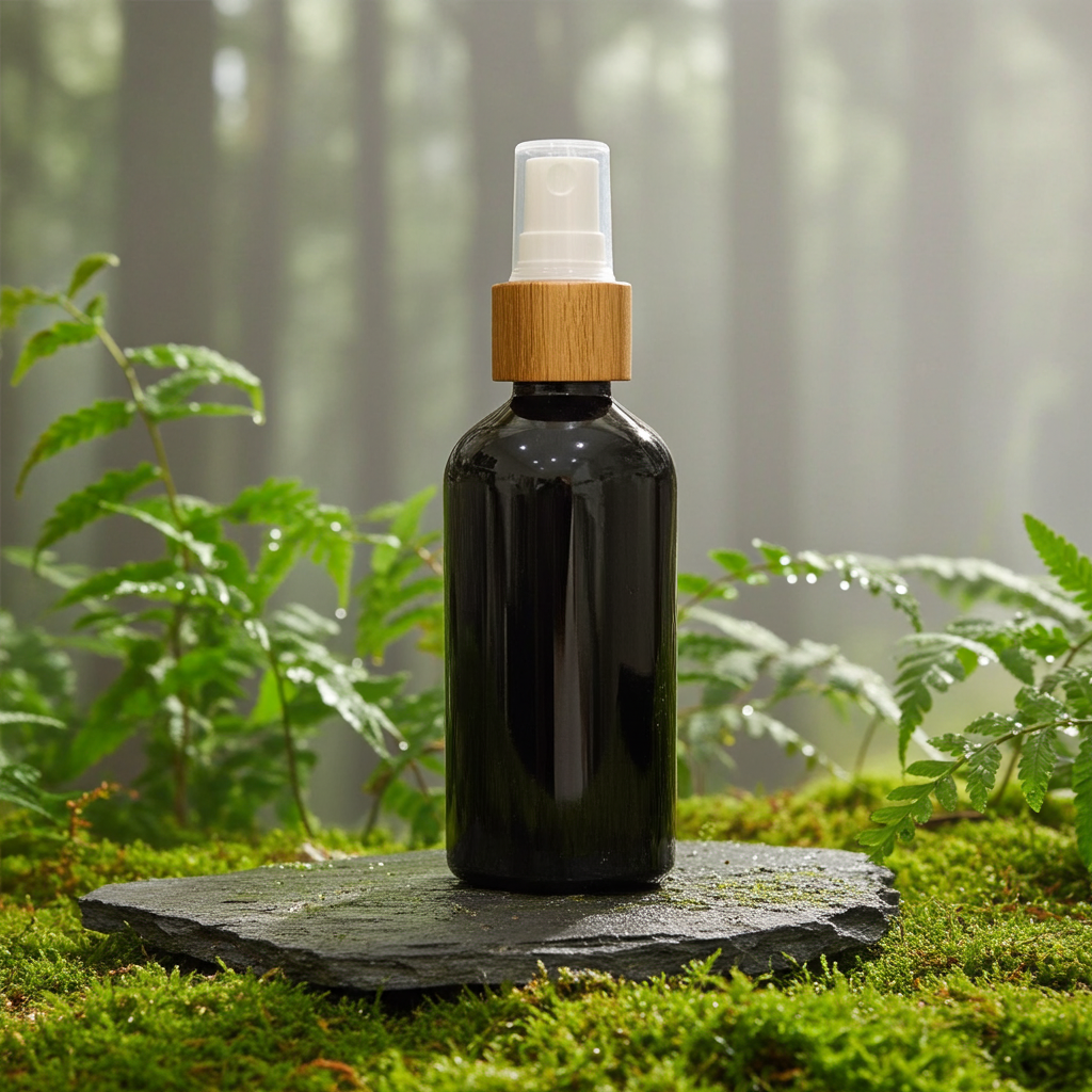 100ml or 50ml black glass spray bottle with bamboo ring