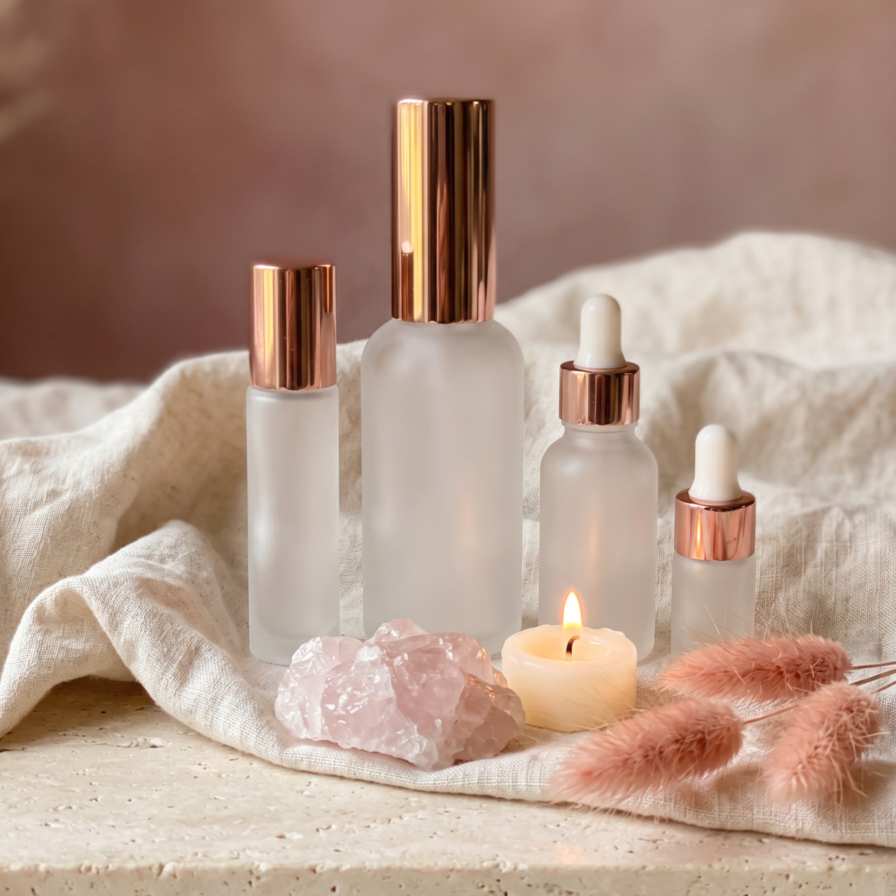 "GOLDEN ROSE" bottle set with spray bottle, roll-on, and dropper bottles