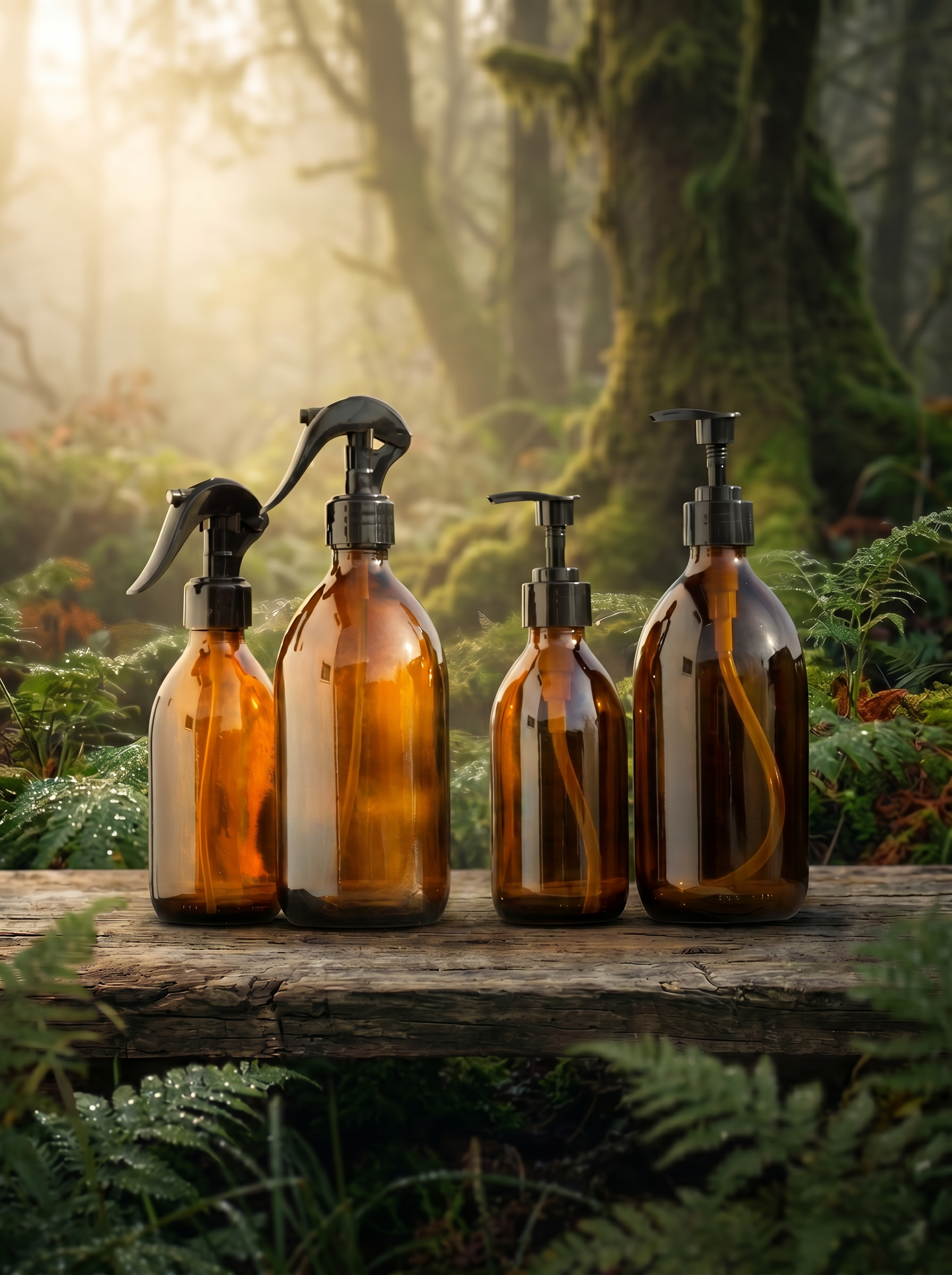Amber glass bottles in 500, 250 or 100ml - with spray or pump attachment