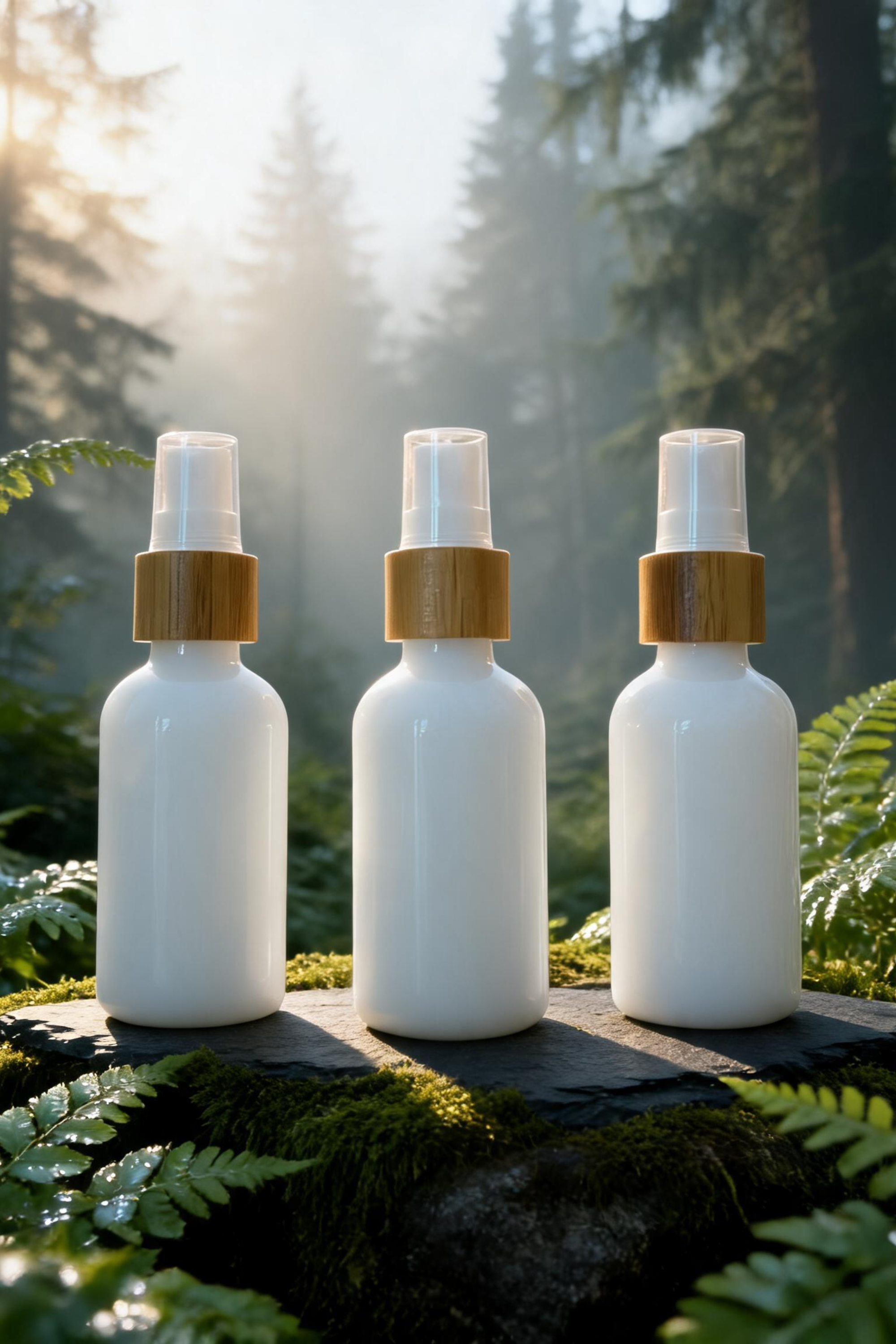 Sprayflasche weißes Opalglas mit Bambus — 50ml & 100ml